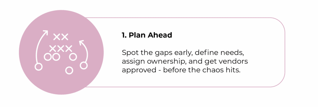 Infographic segment showing 'Plan Ahead' as step 1 in the hiring process with a football-style playbook icon and tip to define needs, assign ownership, and get vendors approved before chaos hits.