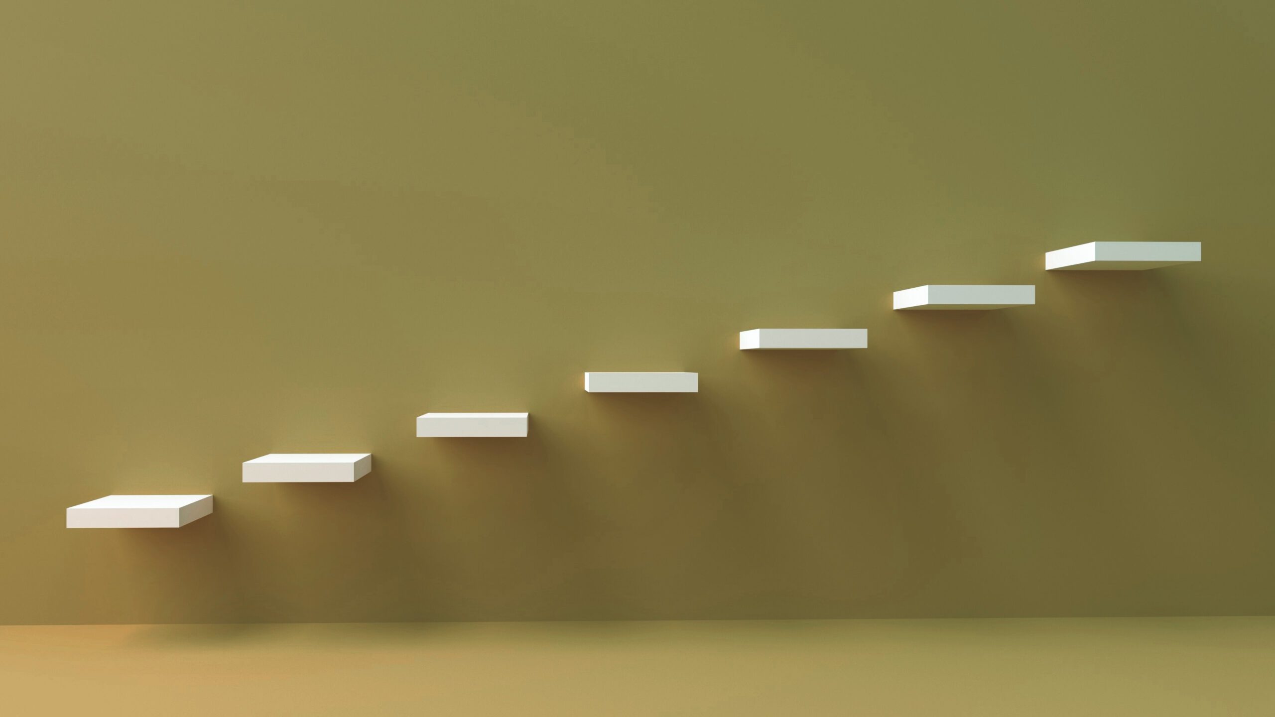 White floating steps ascending diagonally across an brown background, symbolizing growth and progress.