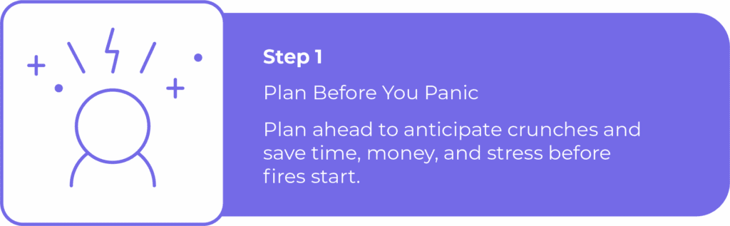Illustration of a stressed person with lightning bolts overhead, representing panic, paired with the text: Step 1 - Plan Before You Panic. Plan ahead to anticipate crunches and save time, money, and stress before fires start.