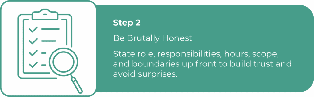 Step 2 of unlocking great work from freelance talent: Be brutally honest. Icon of a checklist and magnifying glass. Set clear expectations on role, responsibilities, hours, scope, and boundaries.