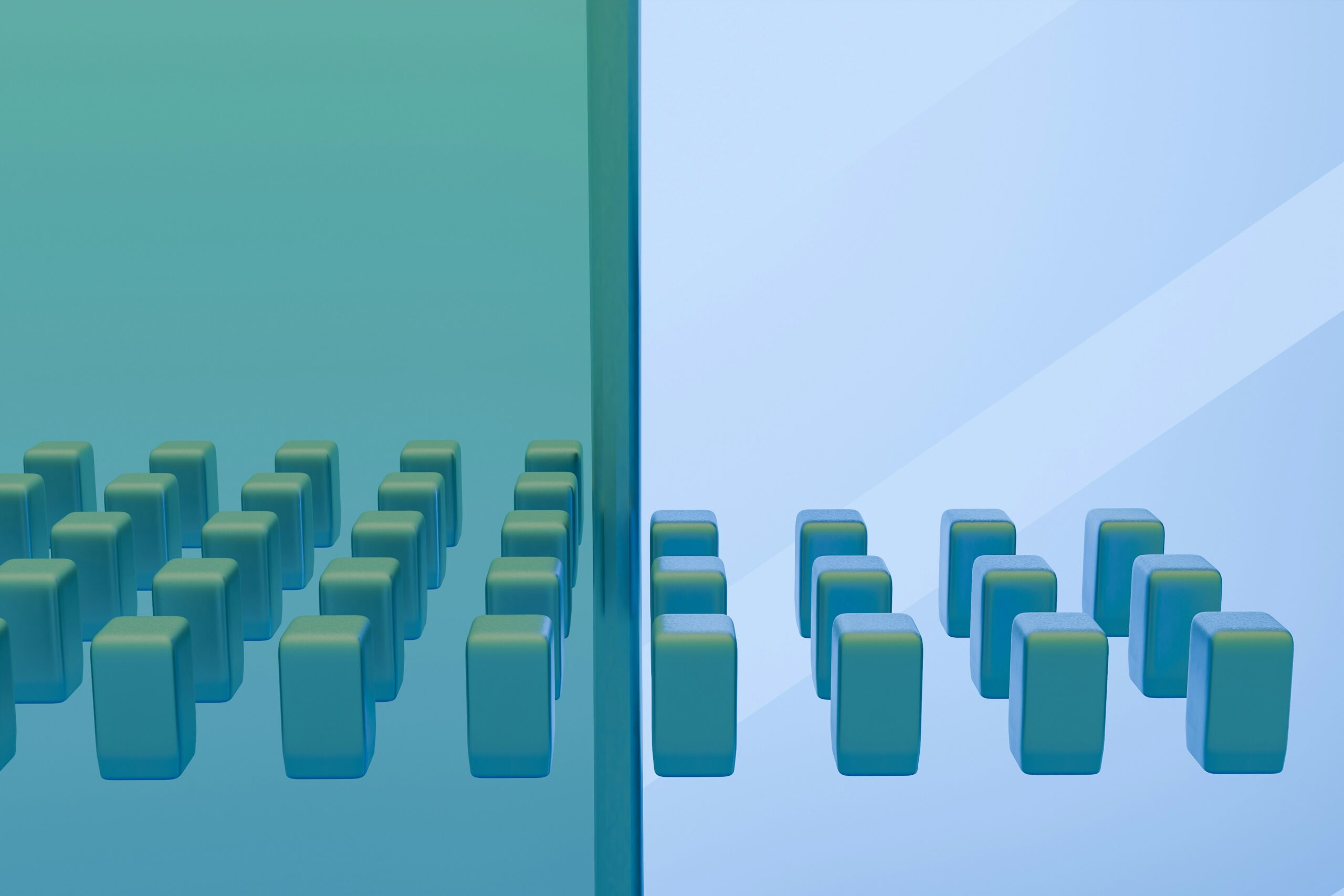 Abstract 3D illustration of grouped rectangular blocks, symbolizing people in a flexible workforce environment. Shapes are arranged in two sections, suggesting adaptability and scalable team structures.