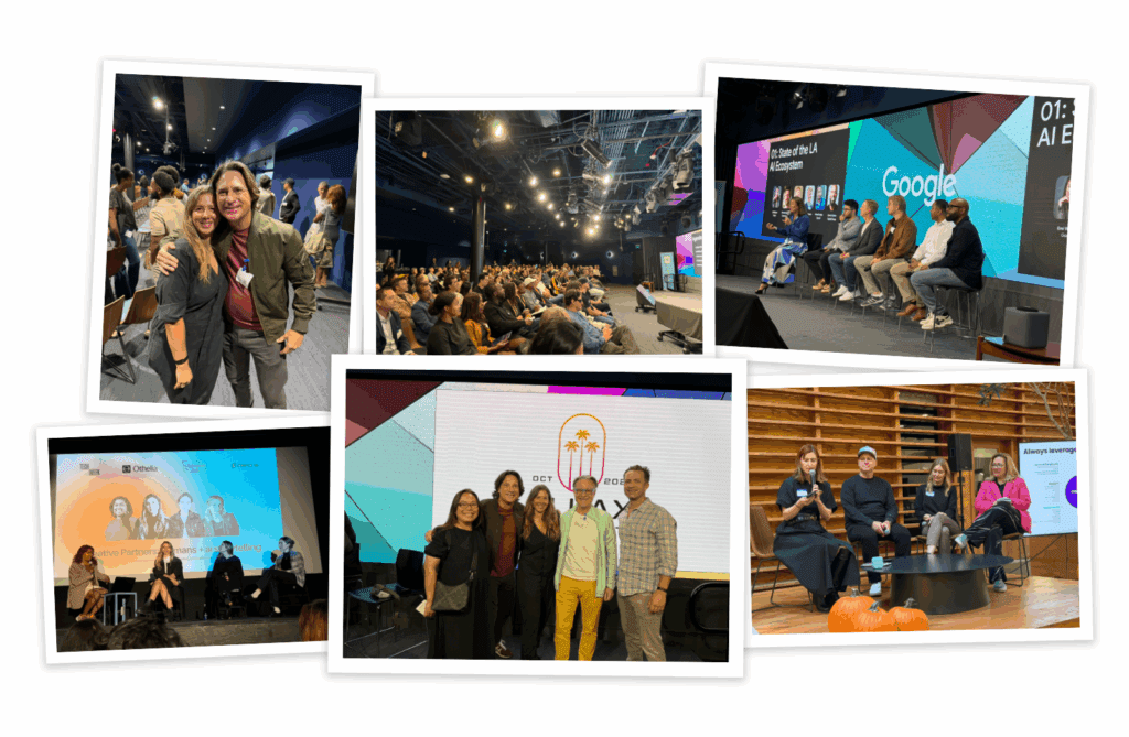 Photo collage from Google’s “Culture Meets AI” sessions during LA Tech Week, featuring the Sandy team with event speakers and attendees. Images show panels on AI and creativity, industry leaders discussing the state of the LA AI ecosystem, and candid moments of collaboration and connection.