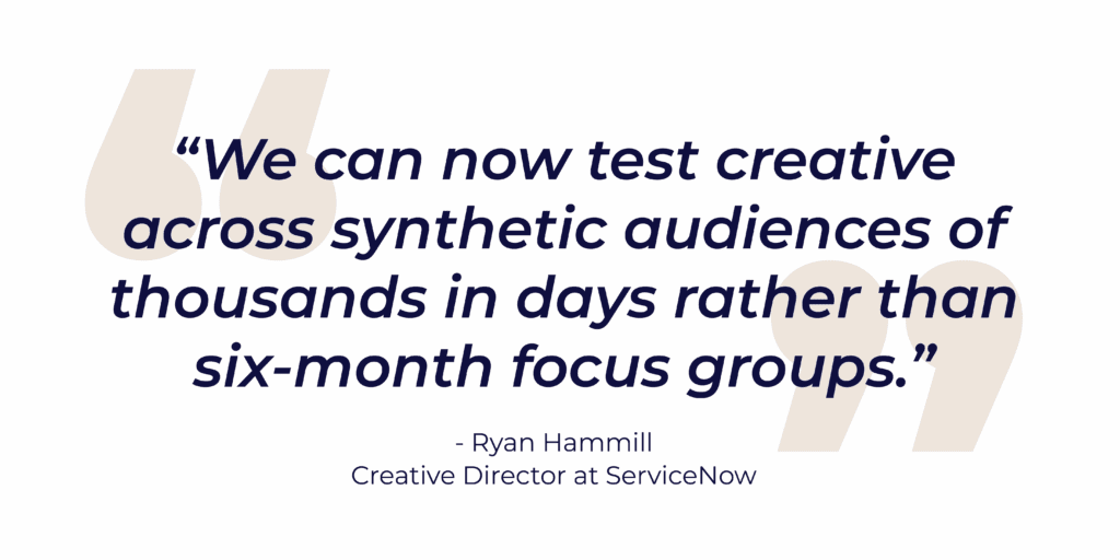 Quote graphic featuring the text: “We can now test creative across synthetic audiences of thousands in days rather than six-month focus groups.” — Ryan Hammill, Creative Director at ServiceNow. The quote appears in bold navy text with large beige quotation marks in the background.